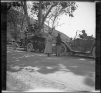 Isabelle Smith, Mary A. West and Nella West taking a break while the engines cool, San Jose vicinity, 1913