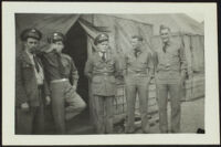 Charles Glenn, Jose Miller, Harold Brown, David Sparks and Herman Schultz pose in front of the barracks (photo, recto), Camp Murray, 1941 or 1942