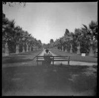 Daisy Kellum sits on a bench in Lincoln (Eastlake Park), Los Angeles, about 1900