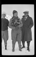 Mertie West, Josie Shaw, William Shaw stand in the snow at Mint Canyon, Santa Clarita vicinity, 1933