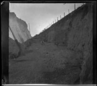 Surveyors assessing a washed out portion of the Southern Pacific Railroad, San Dimas vicinity, about 1899