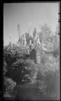 Mertie West stands in front of delphiniums in Mrs. Cunningham's garden, Anchorage, 1946