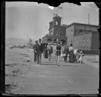 People walk on the boardwalk near the North Beach Bath House, Santa Monica, about 1895