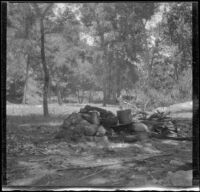 Pots and pans sit on the stove in the West and Mead party's campsite, San Gabriel Canyon, about 1903