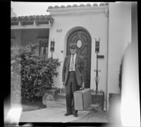 Will Witherby poses in front of Zetta and Dode Witherby's residence, Los Angeles, 1948