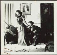 Daisy Kellum and Minnie Kellum perform a scene from a play in their home, Los Angeles, about 1899