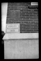 Bronze tablet of Troop 76, Boy Scouts of America and church tablet on corner of Asbury Methodist Church, Los Angeles, about 1930