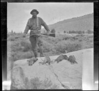 H. H. West poses with the limit of sage hen, Mammoth Lakes vicinity, 1915