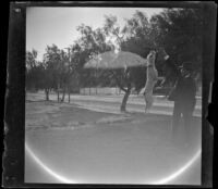 Wayne West holds a stick and makes the neighbor's dog jump in the air, Los Angeles, about 1900