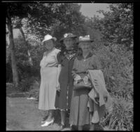 Daisy Conner Thompson, Jessie Conner McIntyre and Viola S. Conner pose at the Pioneer Picnic held in Sycamore Grove Park, Los Angeles, 1940