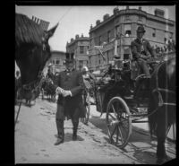 Henry E. Huntington exits his carriage as he arrives at the Van Nuys Hotel, between 1900-1905