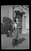 Frances West Wells poses outside the Glendale Southern Pacific Railroad Depot, Glendale, 1944