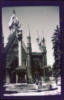 Mertie West at the Sea Gull Monument with the Assembly Hall beyond in Temple Square, Salt Lake City, 1942