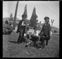 Sarah Burma and other members of a marching band gathered together, Glendale, 1937