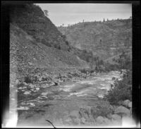 Fall River and a road cut through a canyon, Shasta County, 1917