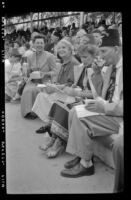 Dorothy Lauterbach, Mertie West and others with a Shriners group at Knott's Berry Farm, Buena Park, 1958