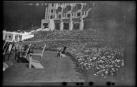 Poppies adorn the lawn in front of Chateau Lake Louise, Lake Louise, 1947