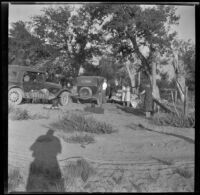 Forrest Whitaker, Abraham Whitaker, Agnes Whitaker, Mertie West and another woman at a campsite, Independence vicinity, 1929