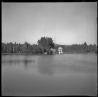 Lake with pagoda on the opposite shore at Lincoln (Eastlake) Park, Los Angeles, about 1900