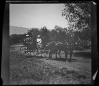 Nella West, Chas Rucher and Louise Ambrose travel by carriage on a trip to Devils Gate, Pasadena vicinity, 1899
