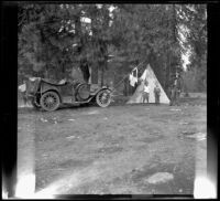 Harry Schmitz, Donald Smith and Russell Smith posing by the camp tent, Burney Falls, 1917
