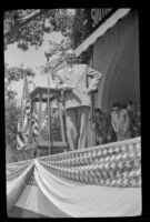 A. T. Mercier addresses Southern Pacific Railroad employees at a company picnic, Los Angeles, 1945