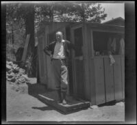 H. H. West on the porch of a cabin, Big Bear, about 1934