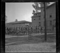 Military troops marching in Exposition (Agricultural) Park, Los Angeles, 1898