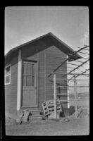 Dr. F. S. Hardin and H. H. West's sleeping quarters at Sunset Gun Club, viewed from the front, Seal Beach vicinity, about 1915