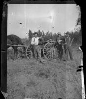 Harry Miller, Guy West and Ralph Mussey pose after a hunt, Duarte, about 1898