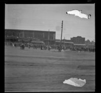 Crowd in front of Southern Pacific Railroad's River Station, Los Angeles, about 1900