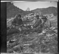 Cleo Swain, Winnie Scott and Mills Helen taking a meal, Los Padres National Forest vicinity, about 1917