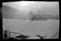 Distant view of S. S. Baranoff docked at a pier, Cordova, 1946