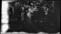 H. H. West Jr. climbs a tree with another boy on a camping trip, Inyo County vicinity, about 1930