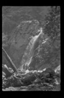 Boy Scouts stand in front of Sturtevant Falls in the distance, San Gabriel Mountains, 1941