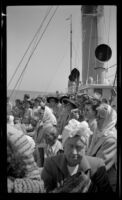 Passengers stand on the top deck of the S. S. Catalina, Santa Catalina Island vicinity, 1948