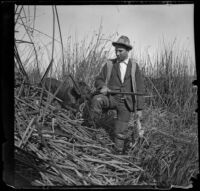 Guy M. West holding a duck while standing in the tules with his dog, Long Beach vicinity, about 1895