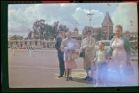 Will Witherby, Mertie West, Dode Witherby, Debbie West and Anna West at Knott's Berry Farm, Buena Park, 1957