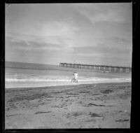 Woman and a child stand in the surf, Santa Monica, about 1895