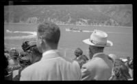 Passengers stand on a deck of the S. S. Catalina as it approaches Catalina Island, Santa Catalina Island, 1948