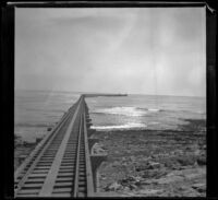 Port of Los Angeles breakwater under construction, Los Angeles, about 1898