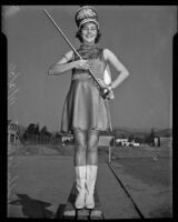 Molly Johnston in drum majorette uniform, Glendale, 1936