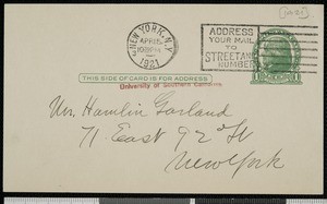 Frederick Samuel Dellenbaugh, letter, 1921-04-15, to Hamlin Garland