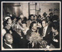 Louise Beavers, Leonard Reed, and Lee Gaines behind the Musart Theatre on the opening night of Two in a Bed, Los Angeles, 1940s