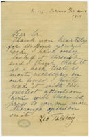 Tolstoy, Leo, autograph letter signed to "Dear Sir," [e.g. Griffith J. Griffith], Jasnaja Poliana 3/16 April 1910
