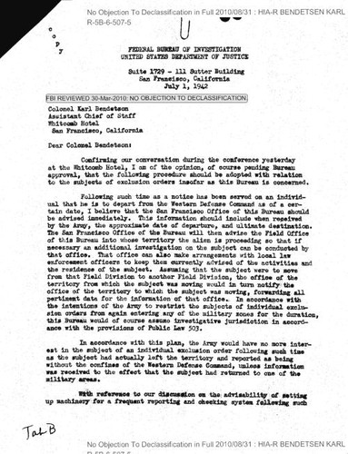 Myron E. Gurnea letter to Colonel Karl Bendetsen