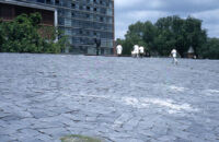 Mexico (Ciudad de México, D.F.) - Universidad Nacional Autónoma de México (UNAM), flagstone courtyard leading to medical building, between 1960-1964