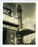 Laemmle Building, view of Coco Tree restaurant and clock tower, Los Angeles, California, 1932-1937