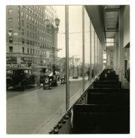 Laemmle Building, Coco Tree restaurant interior with view of city street through restaurant window, Los Angeles, California, 1937