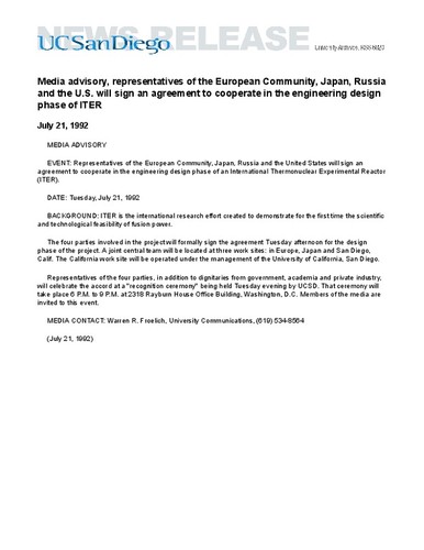 Media advisory, representatives of the European Community, Japan, Russia and the U.S. will sign an agreement to cooperate in the engineering design phase of ITER
